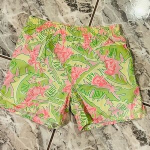 Boys Lilly Pulitzer Pink and Green Leaf Print swim trunks